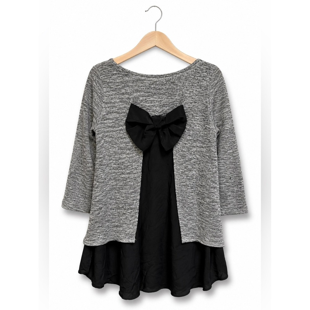Girls‎ Gray Marled Knit Tunic Top Black Ruffle Hem Back Bow PTK2092 Size L